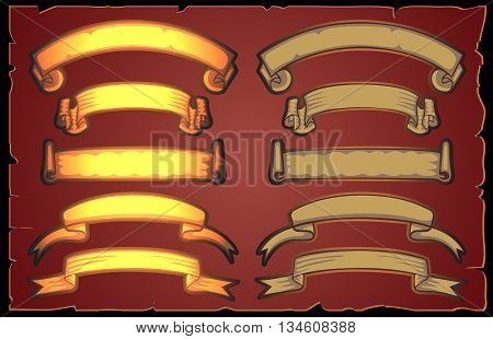 Gold and bronze ribbon banner vintage set on dark background.Vector illustration.
