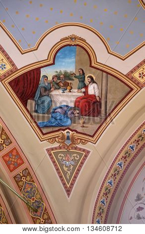 STITAR, CROATIA - AUGUST 27: The supper of Jesus by Simon the Pharisee, fresco in the church of Saint Matthew in Stitar, Croatia on August 27, 2015