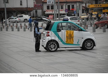KONYA/TURKEY- June 7, 2016: Municipal Police of Konya at the city center with Smart Car. June 7, 2016-Konya/Turkey