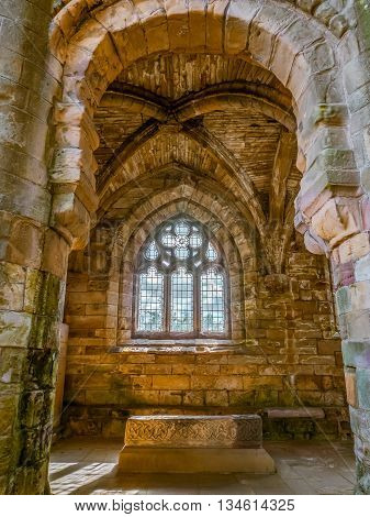 Chapel at the ruins of Jedburgh Abbey in the Scottisch Borders region in Scotland hdr look