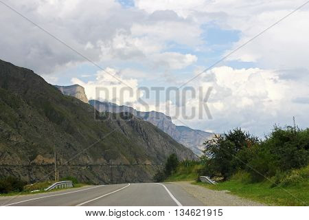 Mountain highway and landscape. North Caucasus travel