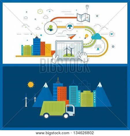 Green eco city and eco-friendly city concept. Modern energy safety. Flat green energy, ecology, eco, clean planet, urban landscape and industrial factory buildings concept. Color line icons