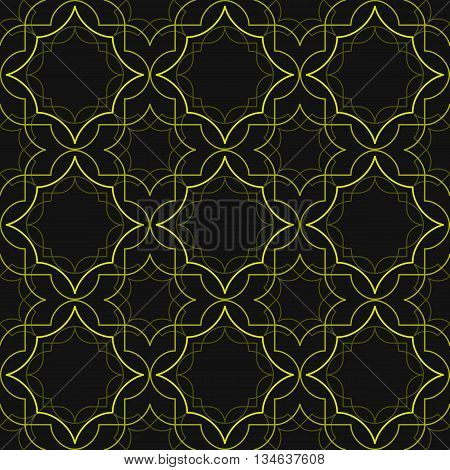 Abstract geometric pattern of concentric linear shapes. Golden lines on black background. Seamless repeat print.