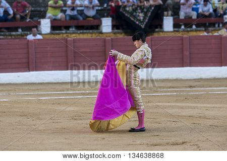 Andujar Spain - September 10 2011: The Spanish Bullfighter Daniel Luque bullfighting with the crutch in the Bullring of Andujar Spain