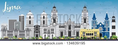 Lima Skyline with Gray Buildings and Blue Sky. Vector Illustration. Business Travel and Tourism Concept with Lima City. Image for Presentation Banner Placard and Web Site.