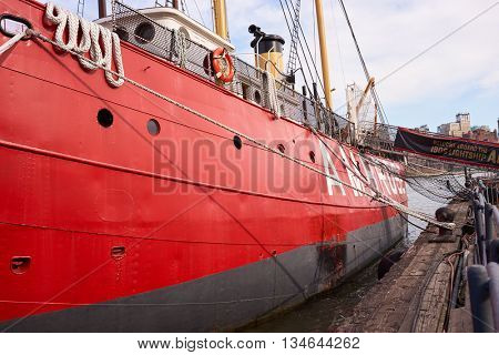 NEW YORK - MARCH 17, 2016: close up shot of the ship tied up at Pier 16 at daytime. Pier 16 is located east of South Street and FDR Drive in Lower Manhattan, New York City.