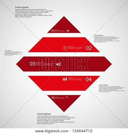 Rhombus Infographic Template Horizontally Divided To Five Red Parts On Light Background
