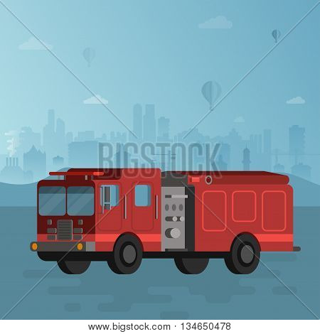 Red fire truck on blue cityscape background vector flat style illustration