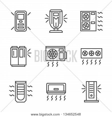 Air conditioners and air filter cleaning systems. Climatic equipment and appliances. Vector collection of simple black line style icons.
