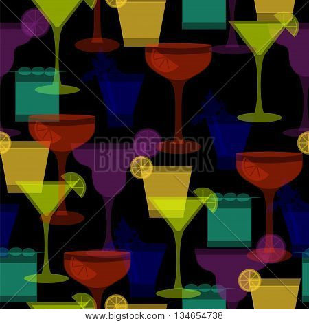 Cocktail silhouettes seamless pattern. Vector illustration with different glasses and drinks for beverage menu party ad club lounge wrapping paper textile fabric. Bright colors on dark background