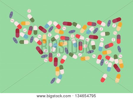Cow by drug pills concept. Vector illustration for antibiotic resistance modern pharmacology in cattle breeding excessive medication of domestic animals