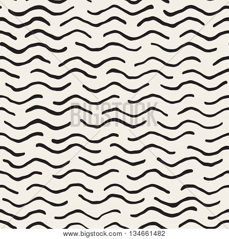 Vector Seamless Black And White Hand Drawn Wavy Lines Pattern