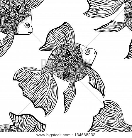 Seamless background of abstract fish: pipefish and small fish, plants, hand drawn  . Black and white vector illustration.