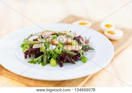 Delicious salmon salad with loads of green things from the garden.