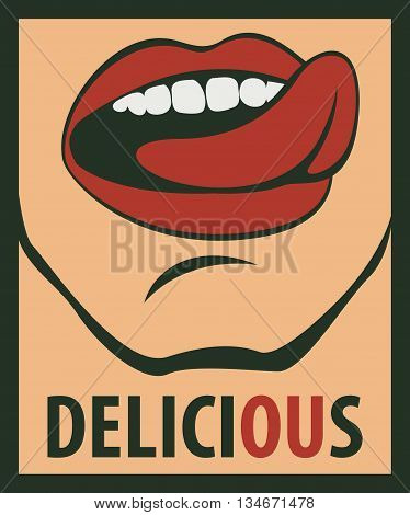 tongue licking his mouth and the words delicious