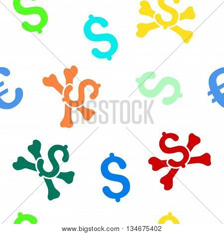 Mortal Debt vector seamless repeatable pattern. Style is flat mortal debt and dollar symbols on a white background.