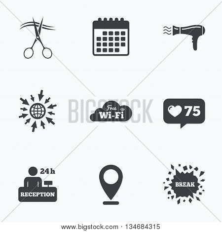 Calendar, like counter and go to web icons. Hotel services icons. Wi-fi, Hairdryer in room signs. Wireless Network. Hairdresser or barbershop symbol. Reception registration table. Location pointer.