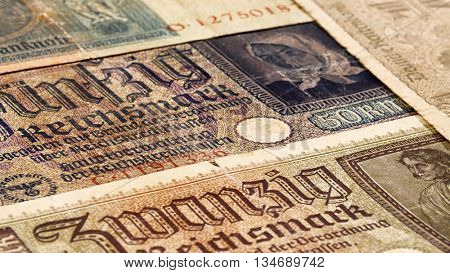 Third reich nazi banknotes 1942 WW2 in occupied Ukraine, vintage background