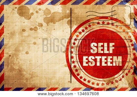 self esteem, red grunge stamp on an airmail background