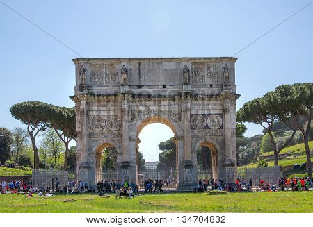 ROME, ITALY - APRIL 8, 2016: Arch of Constantine, ancient construction of emperor victory over Maxentius in 312AD, Locates next to Coliseum