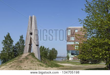 UMEA, SWEDEN ON JUNE 02. Artwork by Megmet Ali Uysal, Skin 4 on June 02, 2016 in Umea, Sweden. The Clothespin stands this side Umea Academy of Fine arts. Editorial use.