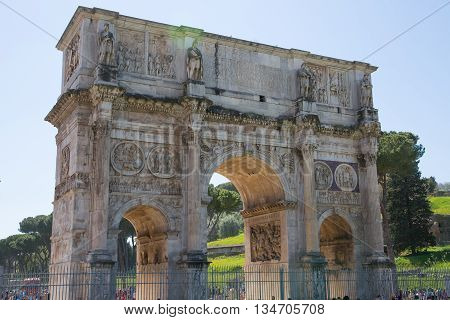 ROME, ITALY - APRIL 8, 2016: Arch of Constantine, ancient construction of emperor victory over Maxentius in 312AD, Locates next to Coliseum