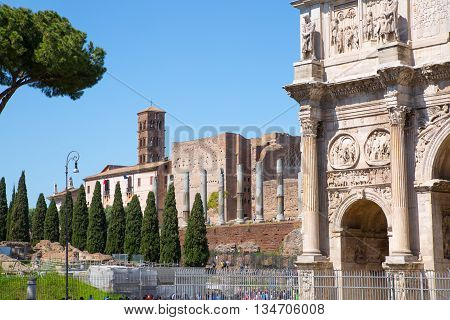 ROME, ITALY - APRIL 8, 2016: Arch of Constantine, ancient construction of emperor victory over Maxentius in 312AD, Locates next to Coliseum
