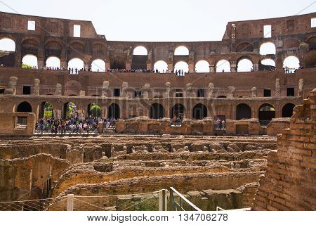 ROME, ITALY - APRIL 8, 2016: Inside view of Coliseum, galleries