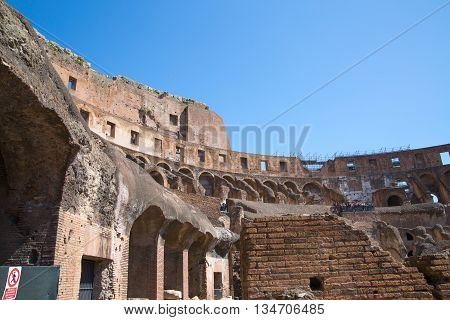 ROME, ITALY - APRIL 8, 2016: Inside view of Coliseum, galleries