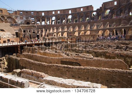 ROME, ITALY - APRIL 8, 2016: Ruins of Coliseum, panoramic view with underground levels of gladiator's rooms and animal's cages