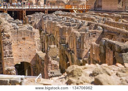ROME, ITALY - APRIL 8, 2016: Ruins of Coliseum, panoramic view with underground levels of gladiator's rooms and animal's cages
