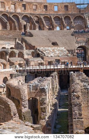 ROME, ITALY - APRIL 8, 2016: Ruins of Coliseum, panoramic view with underground levels of gladiator's rooms and animal's cages