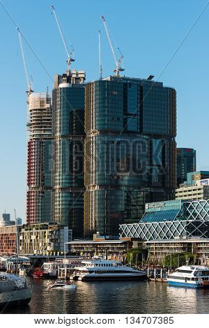 Sydney Australia - 2016 Mar 26: King Street wharf and Barangaroo office buildings. South Barangaroo redevelopment project includes construction of three commercial skyscrapers with large recreational area