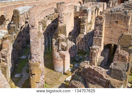 ROME, ITALY - APRIL 8, 2016: Ruins of Coliseum, panoramic view with underground levels of gladiator's rooms and animal's cages