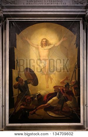 LUCCA, ITALY - JUNE 06, 2015: Altarpiece depicting Resurrection of Christ, work by Michele Ridolfi in Cathedral of St.Martin in Lucca, Italy, on June 06, 2015