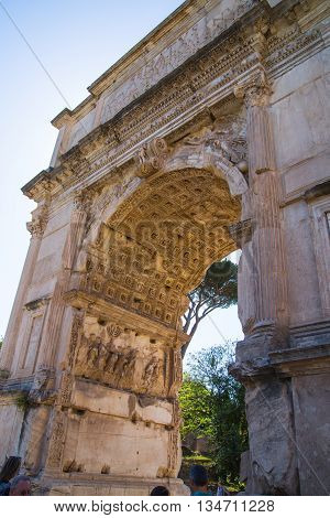ROME, ITALY - APRIL 8, 2016: Arch of Constantine, ancient construction of emperor victory over Maxentius in 312AD, Locates next to Coliseum