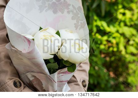 Close Up Of Beautiful White Peonies In A Bouquet