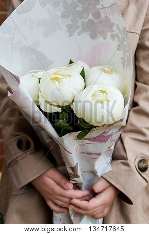 Close Up Of Beautiful White Peonies In A Bouquet