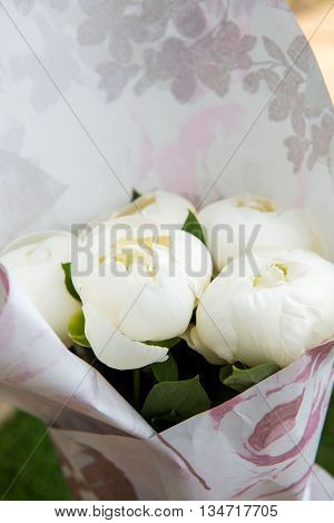 Close Up Of Beautiful White Peonies In A Bouquet