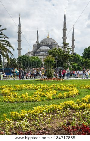 ISTANBUL TURKEY - JUNE 19 2015: Sultan Ahmet Mosque (Turkish: Sultan Ahmet Camii) is a historic mosque in Istanbul Turkey. The mosque is popularly known as the Blue Mosque for the blue tiles adorning the walls of its interior