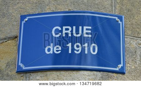 Meulan France - april 21 2015 : a sign which show the level of 1910 rise