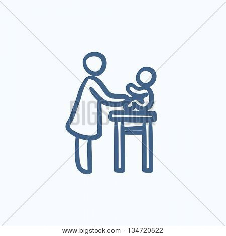 Woman taking care of baby vector sketch icon isolated on background. Hand drawn Woman taking care of baby icon. Woman taking care of baby sketch icon for infographic, website or app.