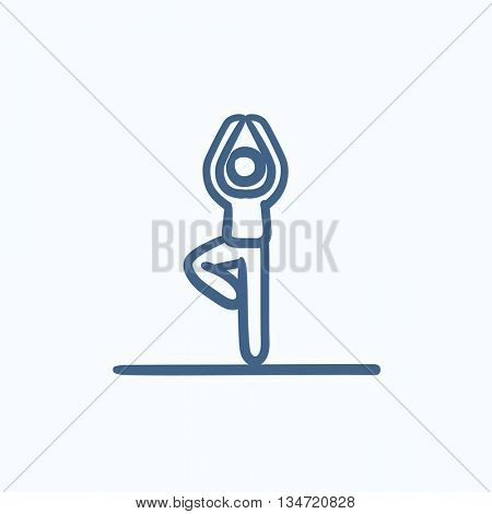 Man standing in yoga tree pose vector sketch icon isolated on background. Hand drawn Man standing in yoga tree pose icon. Man standing in yoga tree pose sketch icon for infographic, website or app.