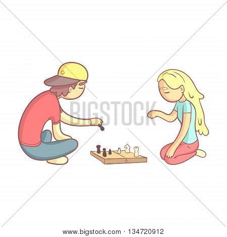 Girl And Guy Playing Chess Flat Outlined Pale Color Funny Hand Drawn Vector Illustration Isolated On White Background