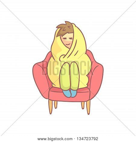 Guy Sitting In The Armchair Wrapped In Blanked Flat Outlined Pale Color Funny Hand Drawn Vector Illustration Isolated On White Background