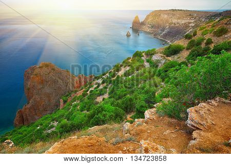 The coast at the cape Fiolent. The top view on the sea and rocks of the cape Fiolent. Crimea