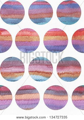 Horizontal large illustration with watercolor vertical stripes in seamless abstract background based on circles texture. Vivid colors grainy texture hand drawn with bright colors and wet brush