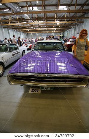 CRACOW POLAND - MAY 21 2016: Dodge Charger R-T displayed at 3rd edition of MOTO SHOW in Cracow Poland. Exhibitors present most interesting aspects of the automotive industry
