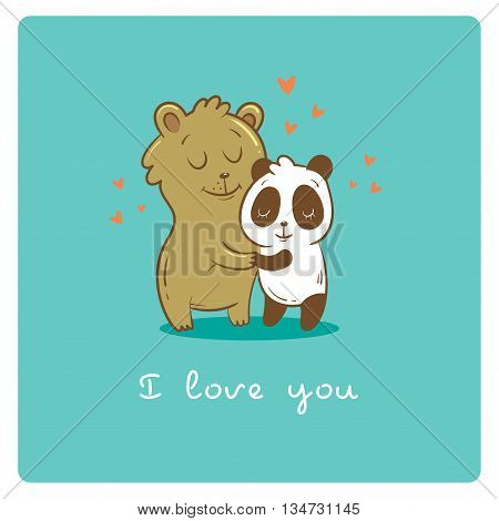 Valentine's card with cute cartoon  bear and panda on  turquoise background. Happy couple. Animals Lovers. Children's illustration. Vector image.