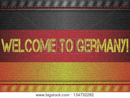 Germany tricolor flag with jeans texture and welcome inscription. Design denim fabric background. Vector illustration